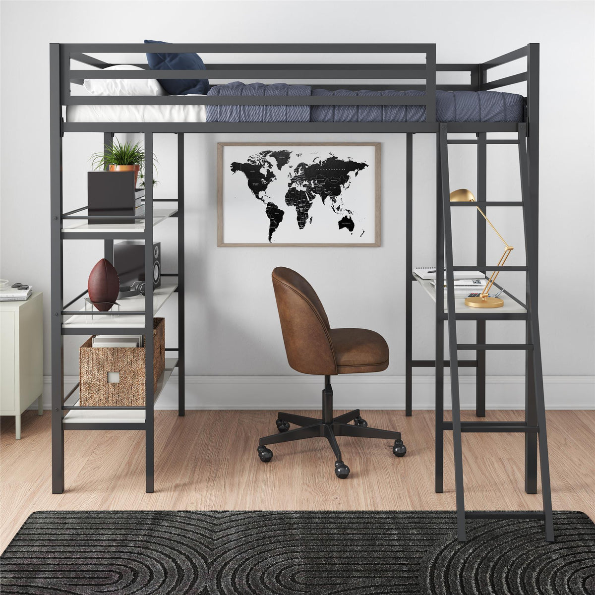 Little Seeds Birka Metal Loft Bed with Shelves - Gray - Twin