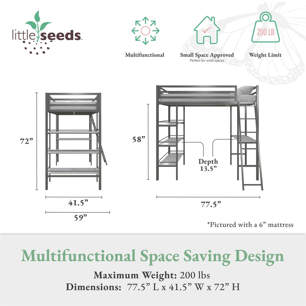 Little Seeds Birka Metal Loft Bed with Shelves - Gray - Twin