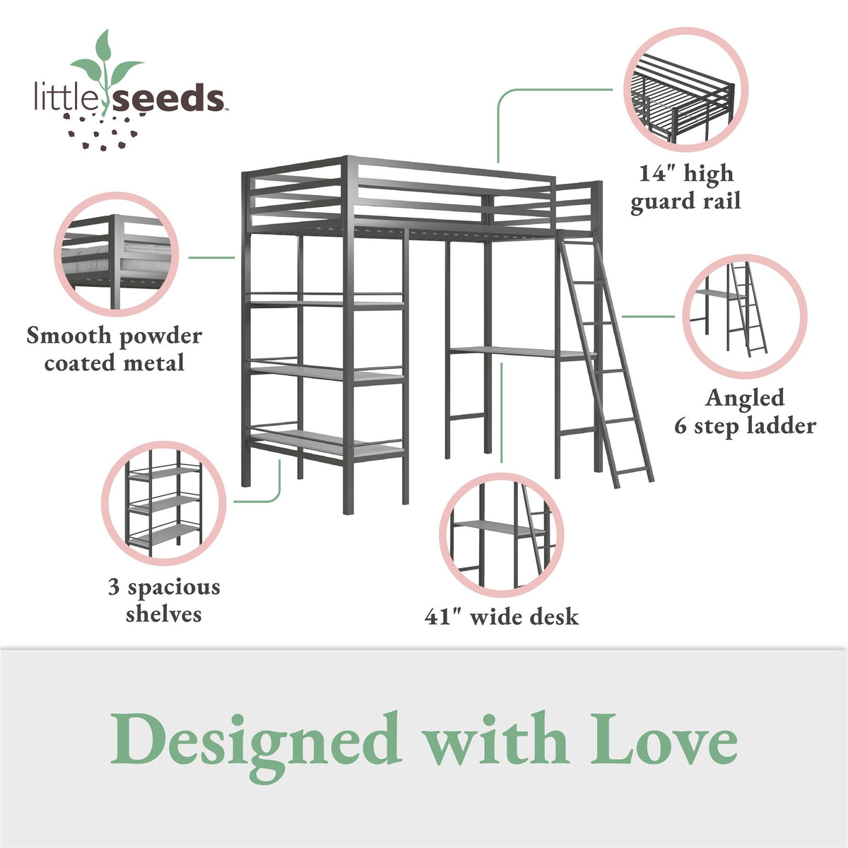 Little Seeds Birka Metal Loft Bed with Shelves - Gray - Twin