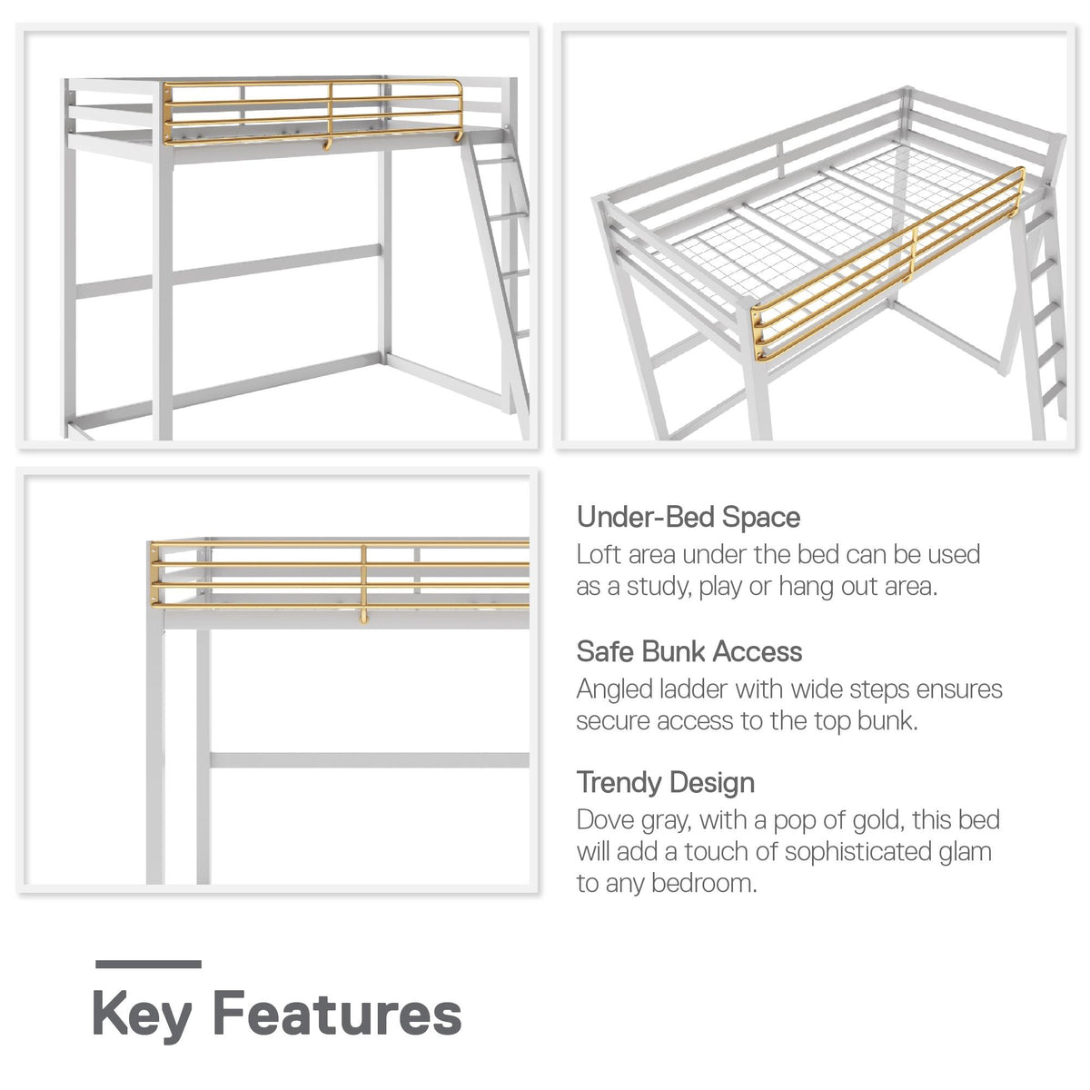 Little Seeds Monarch Hill Haven Metal Loft Bed - Dove Gray - Twin