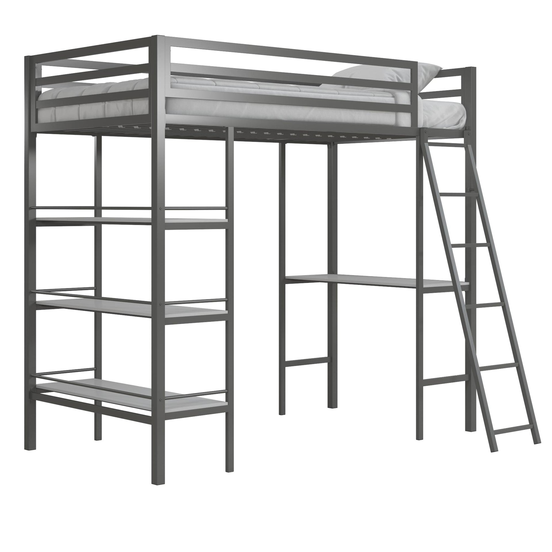Little Seeds Birka Metal Loft Bed with Shelves - Gray - Twin
